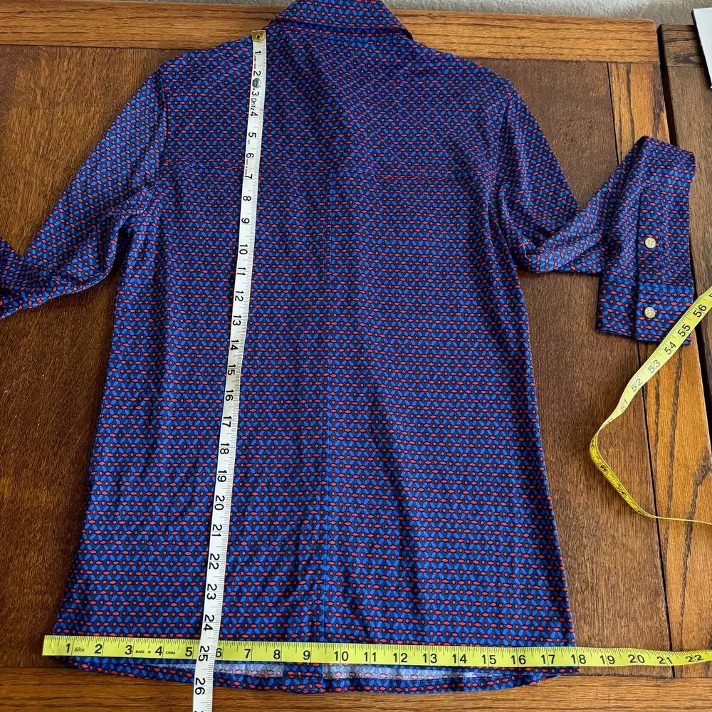 Tory Burch Silk Blend Utility Shirt Cobalt Blue Geometric Epaulets Gold Logo S